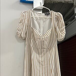 DANIELLE BERNSTEIN Beige and White Striped Midi Dress